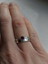 Load image into Gallery viewer, Amethyst ring and silver textured band stacking rings. Recycled silver and handmade.
