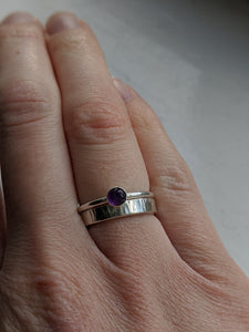 Amethyst ring and silver textured band stacking rings. Recycled silver and handmade.