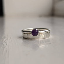 Load image into Gallery viewer, Purple amethyst ring slim silver band, coupled with a thicker line textured band.

