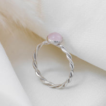 Load image into Gallery viewer, Rose Quartz cabochon twisted silver ring. 
