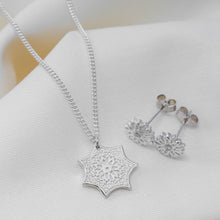 Load image into Gallery viewer, silver flower necklace and matching silver flower earrings
