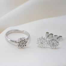 Load image into Gallery viewer, silver flower stud earrings with cubic zirconias and a matching silver flower ring
