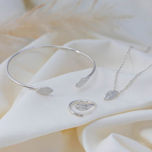Load image into Gallery viewer, Silver collection, leaf torque bangle, leaf ring and leaf pendant
