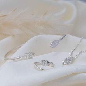 Silver leaf collection, torque bangle, leaf necklace and leaf ring
