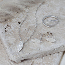 Load image into Gallery viewer, Silver leaf jewellery collection, leaf ring, leaf necklace and leaf stud earrings

