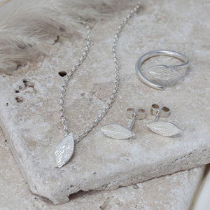 Silver leaf jewellery collection, leaf ring, leaf necklace and leaf stud earrings