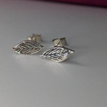 Load image into Gallery viewer, Silver leaf earrings with patina finish

