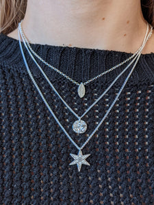 Silver layering necklaces, silver handmade star, leaf and fossil necklaces