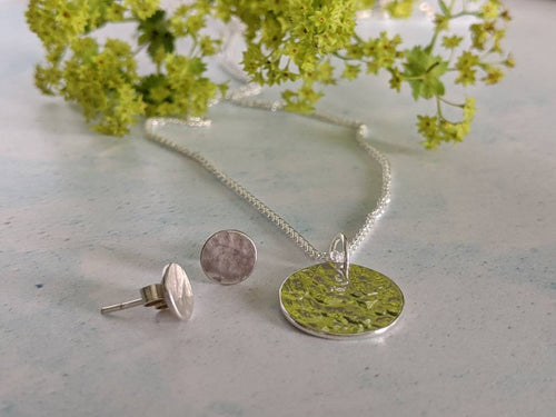 Handmade sterling silver earring and necklace disc set