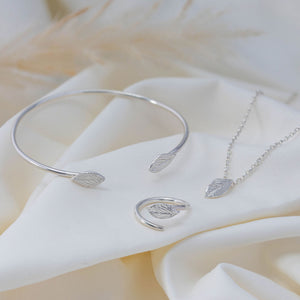 Silver collection, leaf torque bangle, leaf ring and leaf pendant