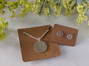 handmade recycled sterling silver disc earring and necklace set